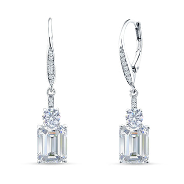 Emerald Cut Oblong Drop Dangle Leverback Earring Cubic Zirconia 925 Sterling Silver